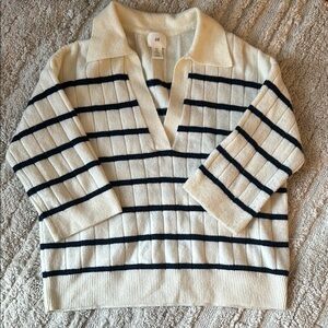 H&M Cream and Navy Striped Women's Sweater Small